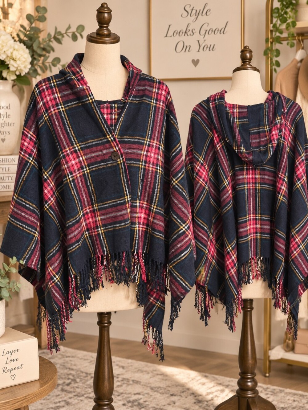 Cozy Hooded Plaid Shawl/ Poncho OSFM Fringe Button Closure